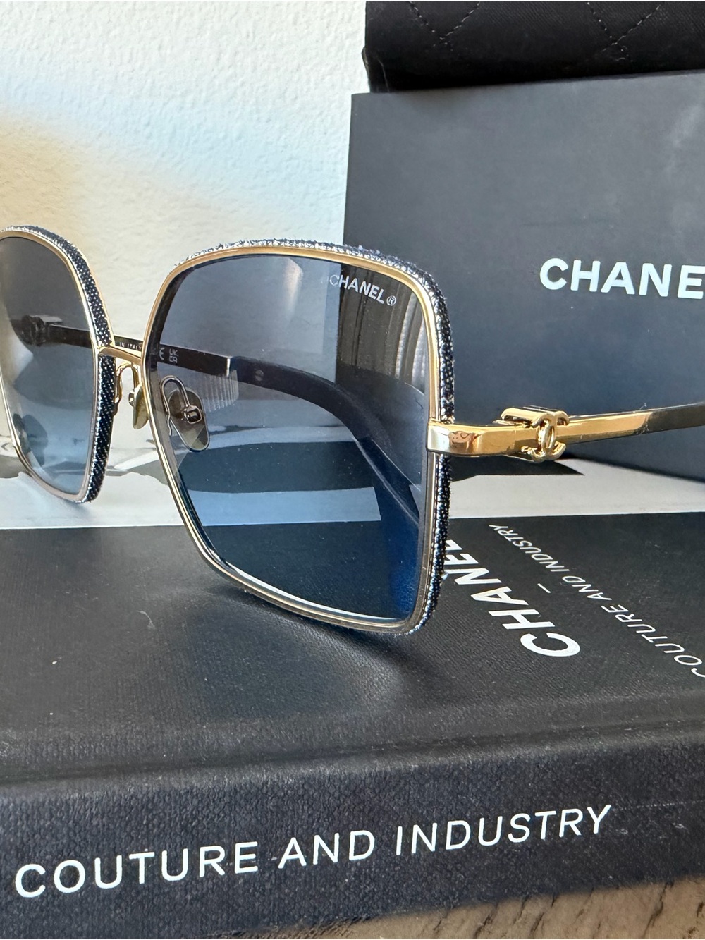 CHANEL Blue Gradient Square Sunglasses with Gold Temples